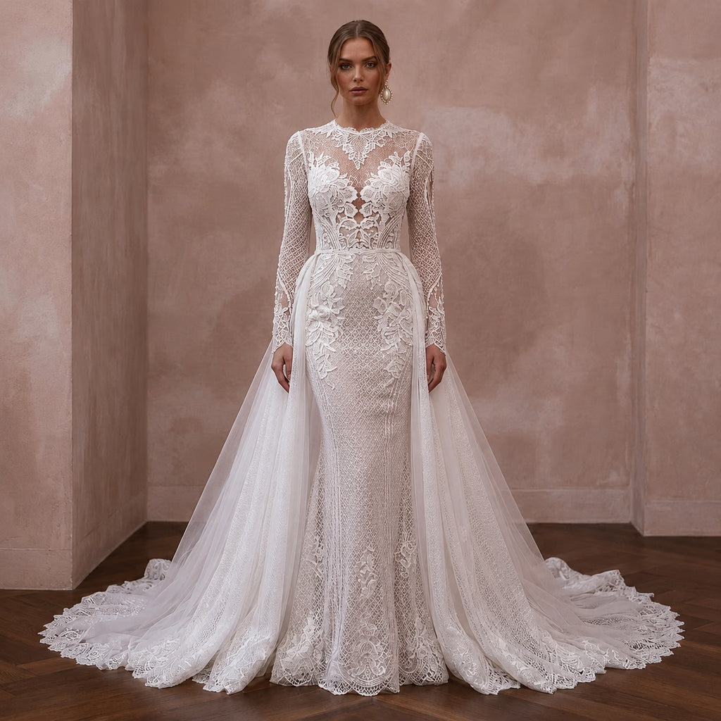 White lace wedding gown with long sleeves and full embroidered skirt, detachable train