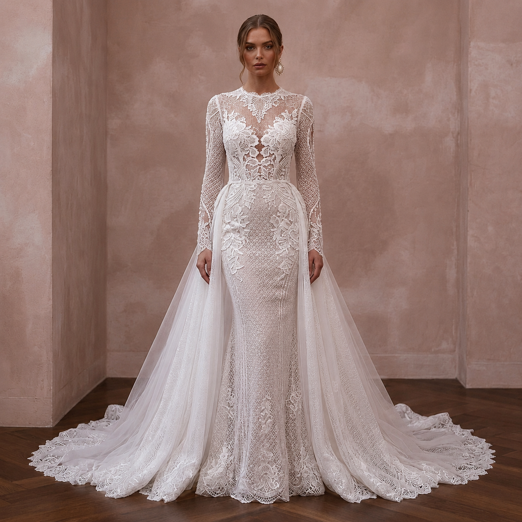 White lace wedding gown with long sleeves and full embroidered skirt, detachable train