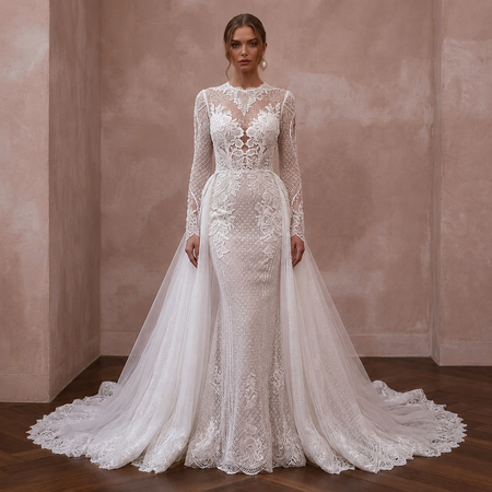 White lace wedding gown with long sleeves and full embroidered skirt, detachable train