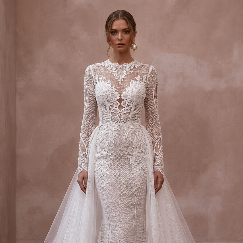 White lace wedding gown with long sleeves, high neckline, fitted bodice and lace skirt