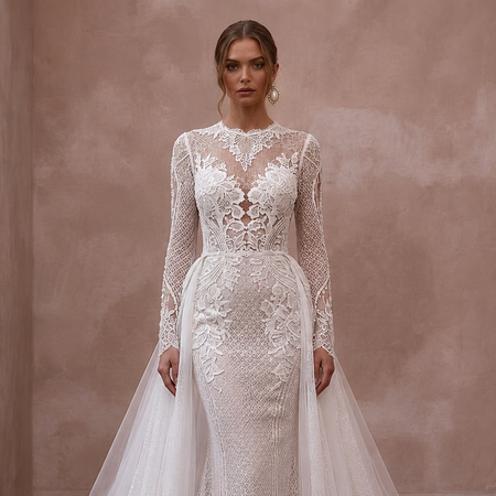 White lace wedding gown with long sleeves, high neckline, fitted bodice and lace skirt