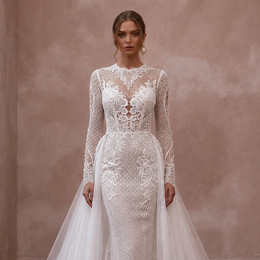White lace wedding gown with long sleeves, high neckline, fitted bodice and lace skirt