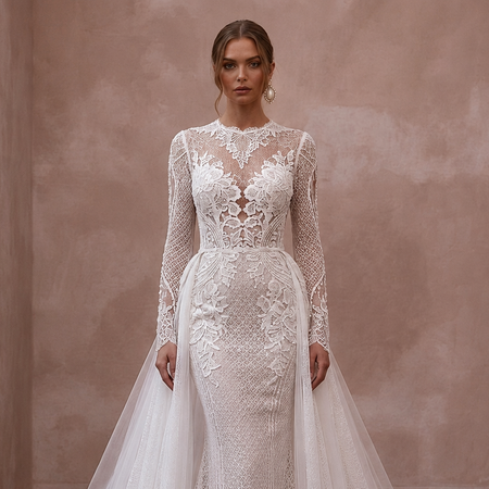 White lace wedding gown with long sleeves, high neckline, fitted bodice and lace skirt