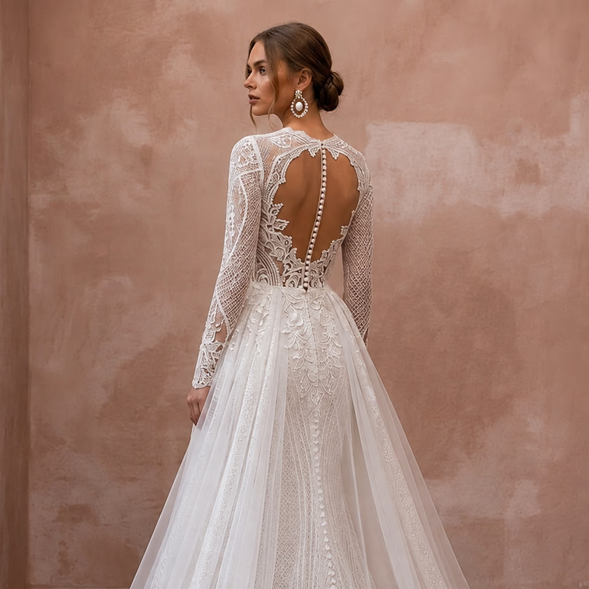 White lace wedding gown back view with open sheer panel, long sleeves, flowing tulle train