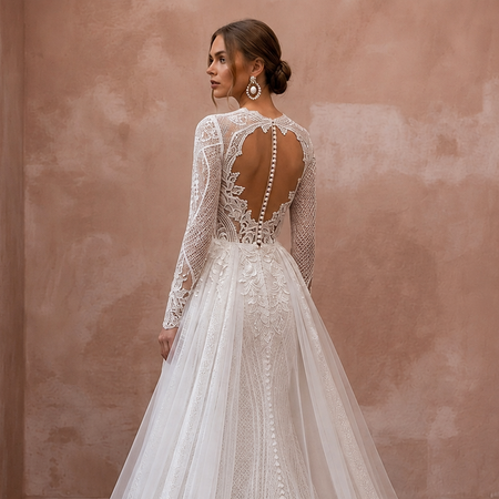 White lace wedding gown back view with open sheer panel, long sleeves, flowing tulle train