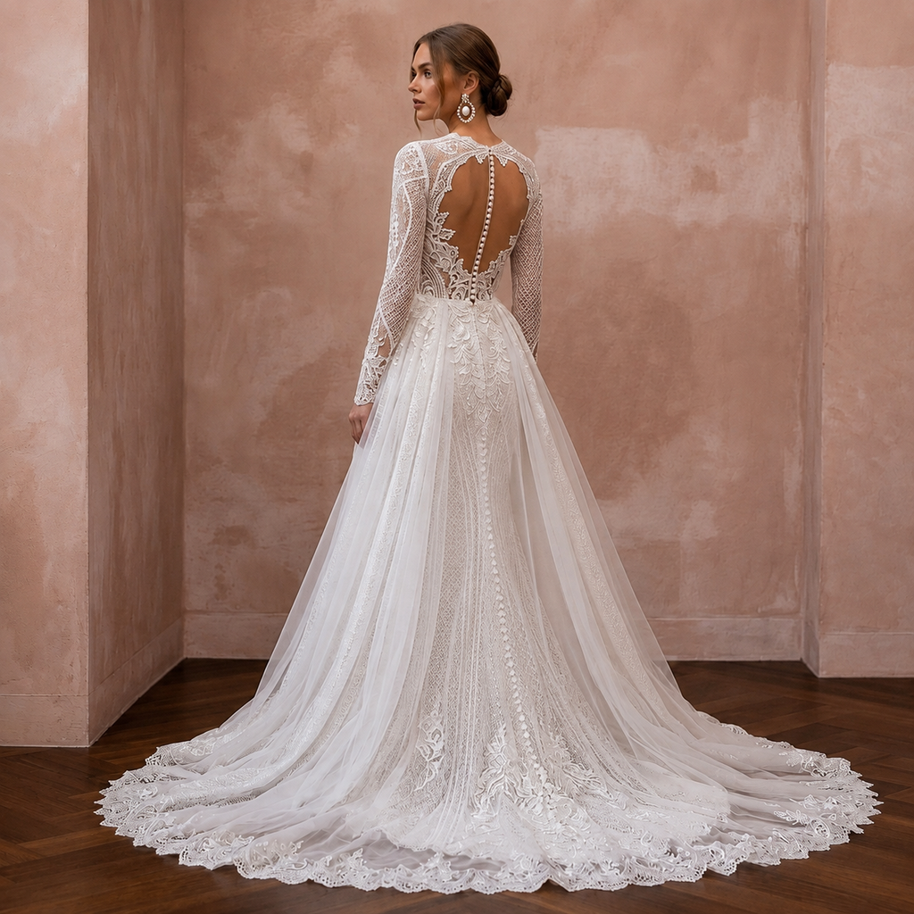 White lace wedding gown back view with long sleeves, sheer tulle train and embroidered detailing