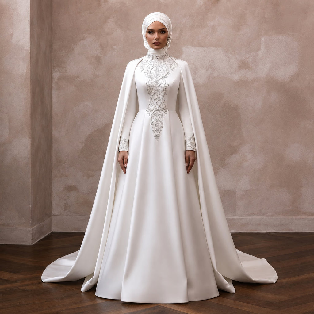 Elegant Muslim Wedding Dress with Cape and A-Line Silhouette