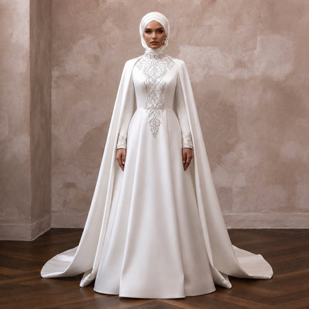 Elegant Muslim Wedding Dress with Cape and A-Line Silhouette