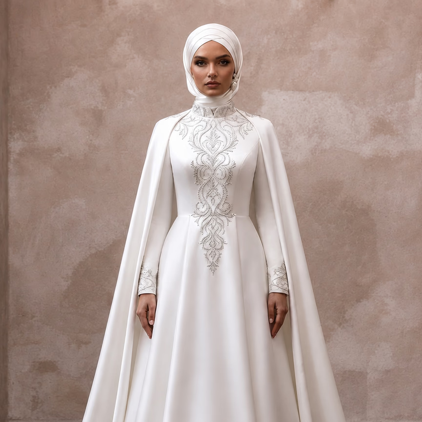 Elegant Muslim Wedding Dress with Cape and A-Line Silhouette