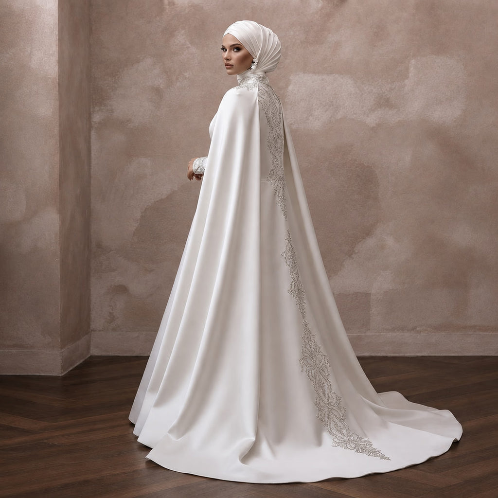 Elegant Muslim Wedding Dress with Cape and A-Line Silhouette