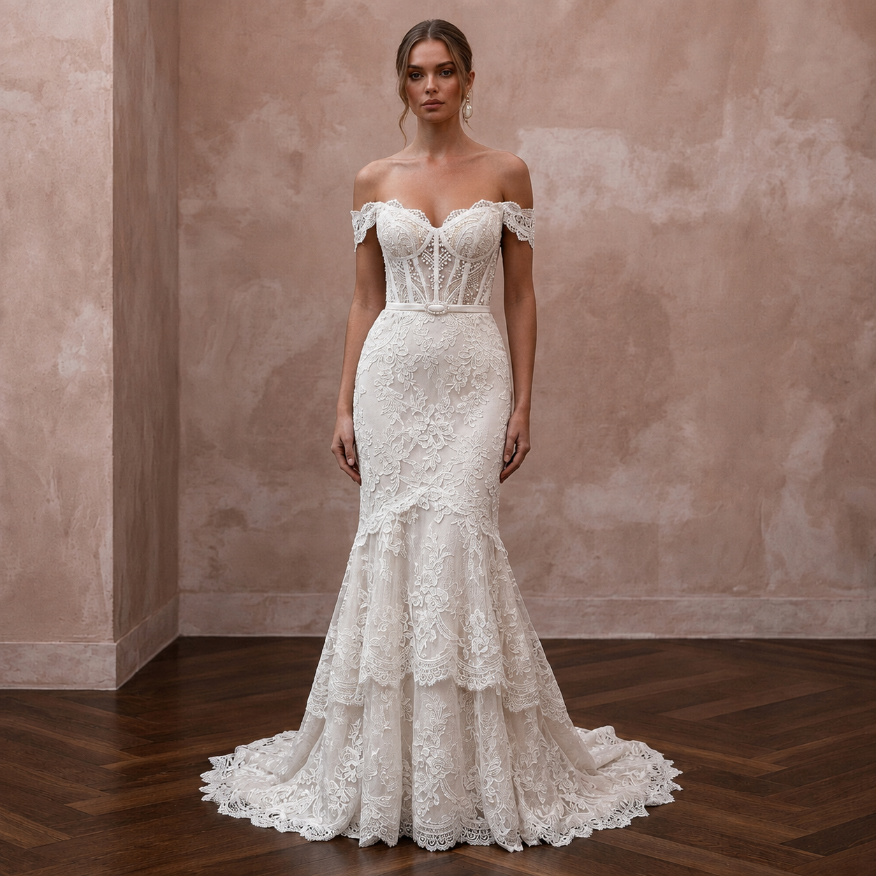 Elegant Off-White Lace Fit-and-Flare Wedding Gown for Second Wedding