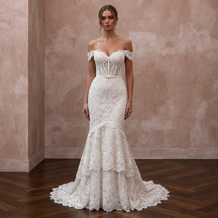 Elegant Off-White Lace Fit-and-Flare Wedding Gown for Second Wedding