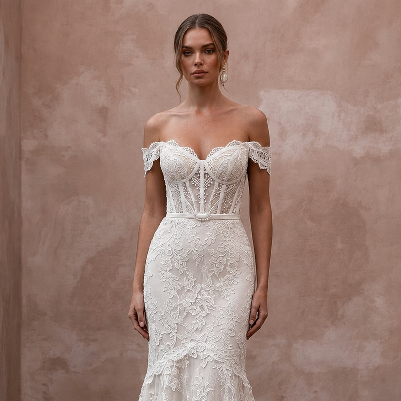 Elegant Off - White Lace Fit - and - Flare Wedding Gown for Second Wedding - Apparel & Accessories > Clothing > Wedding & Bridal Party Dresses > Wedding Dresses - Mignonette Bridal