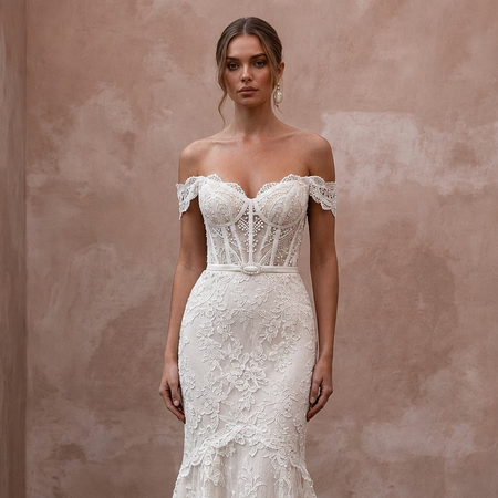 Elegant Off - White Lace Fit - and - Flare Wedding Gown for Second Wedding - Apparel & Accessories > Clothing > Wedding & Bridal Party Dresses > Wedding Dresses - Mignonette Bridal