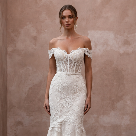 Elegant Off-White Lace Fit-and-Flare Wedding Gown for Second Wedding