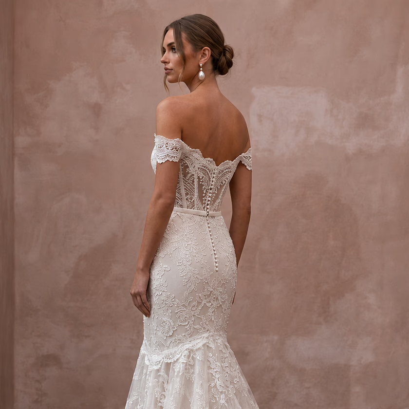 Elegant Off - White Lace Fit - and - Flare Wedding Gown for Second Wedding - Apparel & Accessories > Clothing > Wedding & Bridal Party Dresses > Wedding Dresses - Mignonette Bridal