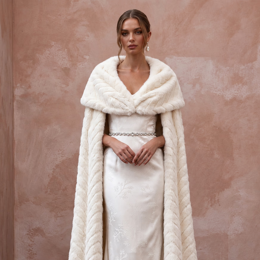 Elegant Off-White Satin & Faux Fur Cape Bridal Ensemble for Holiday Reception