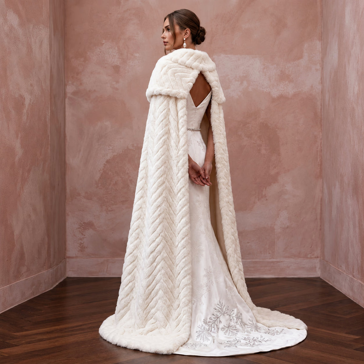 Elegant Off-White Satin & Faux Fur Cape Bridal Ensemble for Holiday Reception