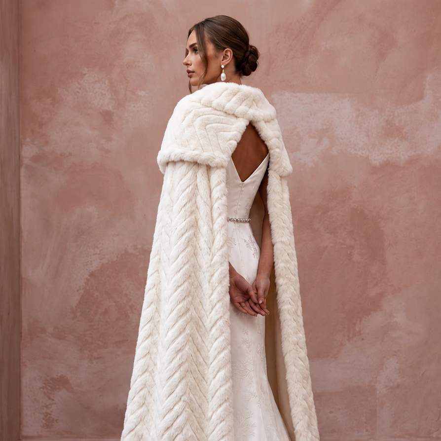 Elegant Off-White Satin & Faux Fur Cape Bridal Ensemble for Holiday Reception