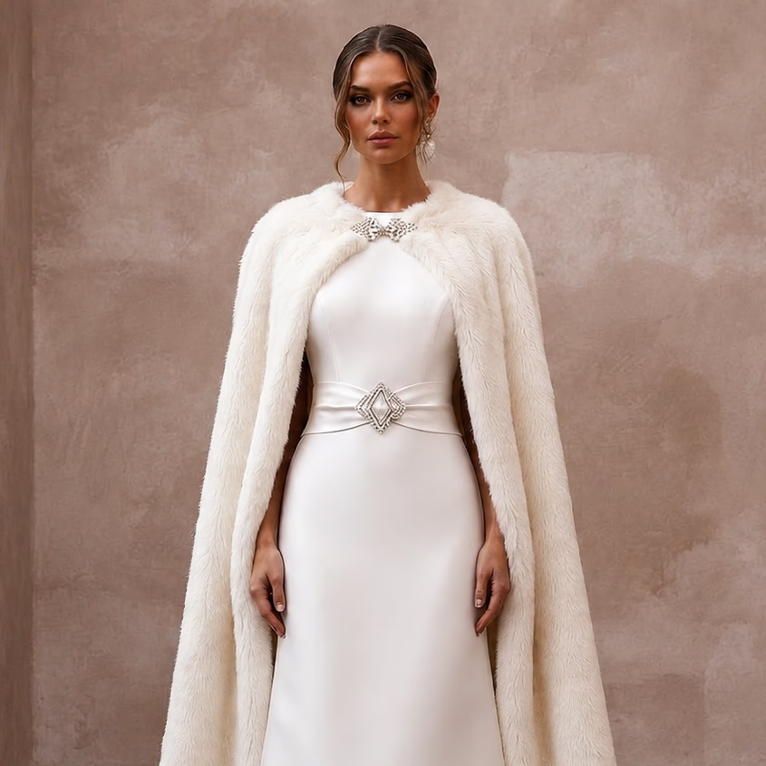 Elegant Off - White Satin & Faux Fur Cape for Holiday Reception - Apparel & Accessories > Clothing > Wedding & Bridal Party Dresses > Wedding Dresses - Mignonette Bridal