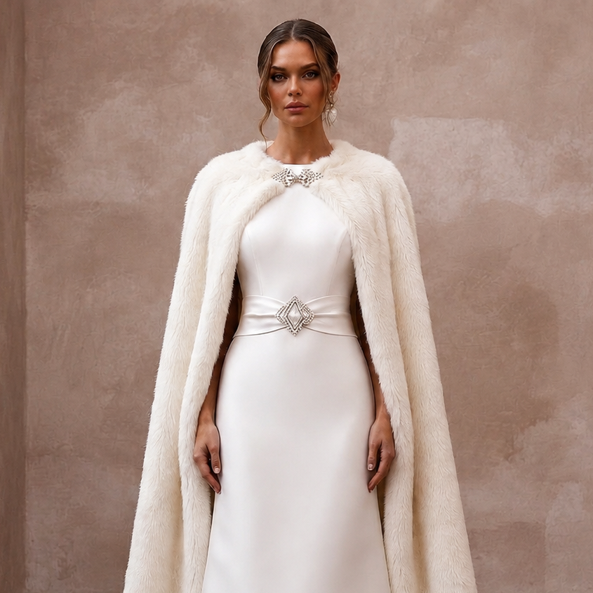 Elegant Off-White Satin & Faux Fur Cape for Holiday Reception
