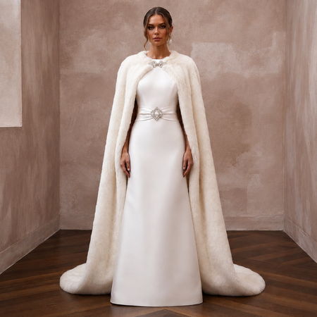 Elegant Off-White Satin & Faux Fur Cape for Holiday Reception
