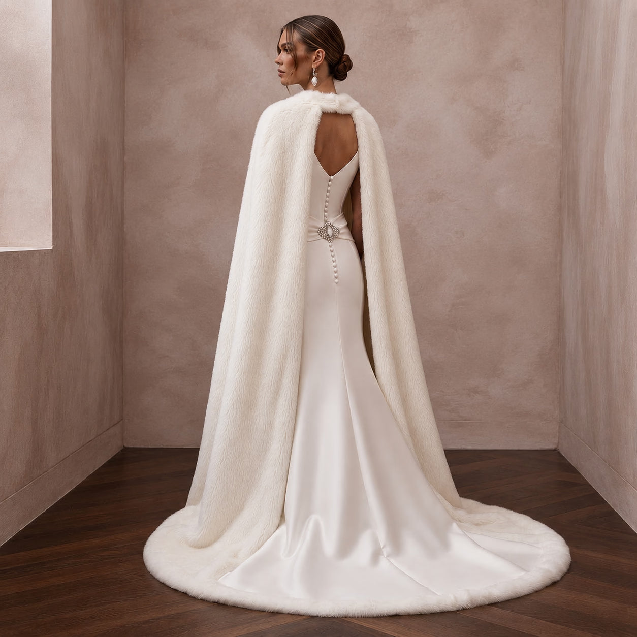 Elegant Off-White Satin & Faux Fur Cape for Holiday Reception Secondary image