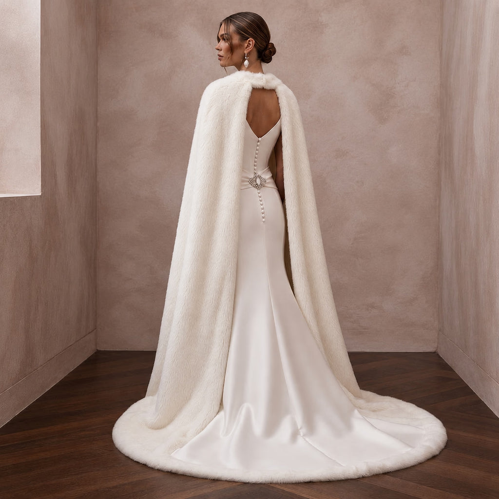 Elegant Off - White Satin & Faux Fur Cape for Holiday Reception - Apparel & Accessories > Clothing > Wedding & Bridal Party Dresses > Wedding Dresses - Mignonette Bridal