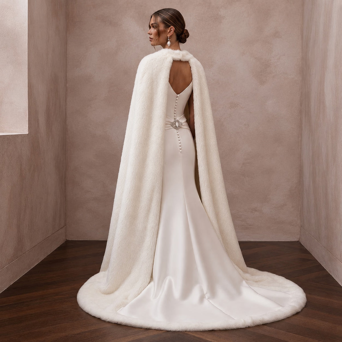 Elegant Off - White Satin & Faux Fur Cape for Holiday Reception - Apparel & Accessories > Clothing > Wedding & Bridal Party Dresses > Wedding Dresses - Mignonette Bridal