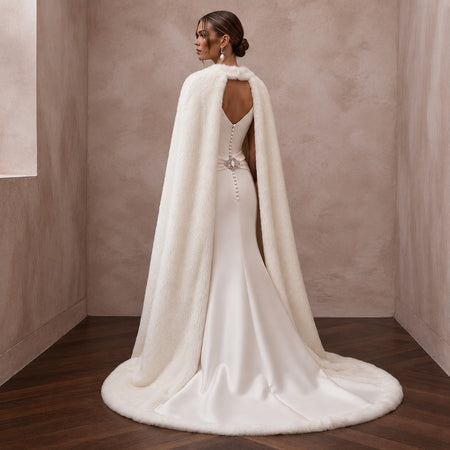 Elegant Off - White Satin & Faux Fur Cape for Holiday Reception - Apparel & Accessories > Clothing > Wedding & Bridal Party Dresses > Wedding Dresses - Mignonette Bridal