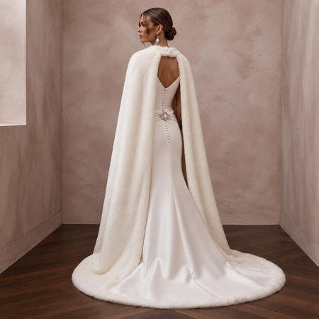 Elegant Off-White Satin & Faux Fur Cape for Holiday Reception