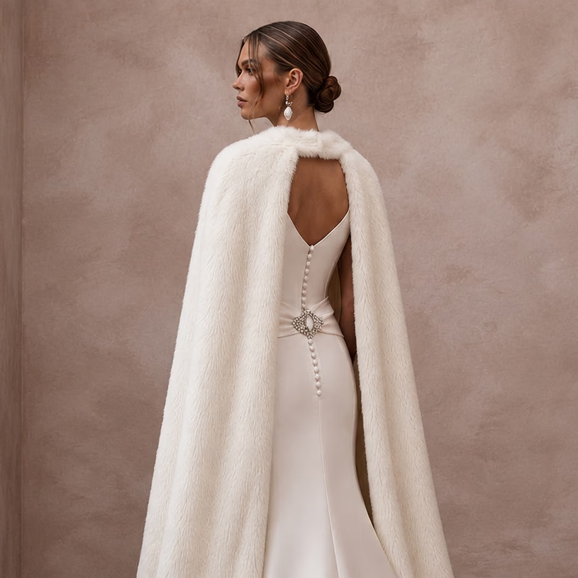 Elegant Off - White Satin & Faux Fur Cape for Holiday Reception - Apparel & Accessories > Clothing > Wedding & Bridal Party Dresses > Wedding Dresses - Mignonette Bridal