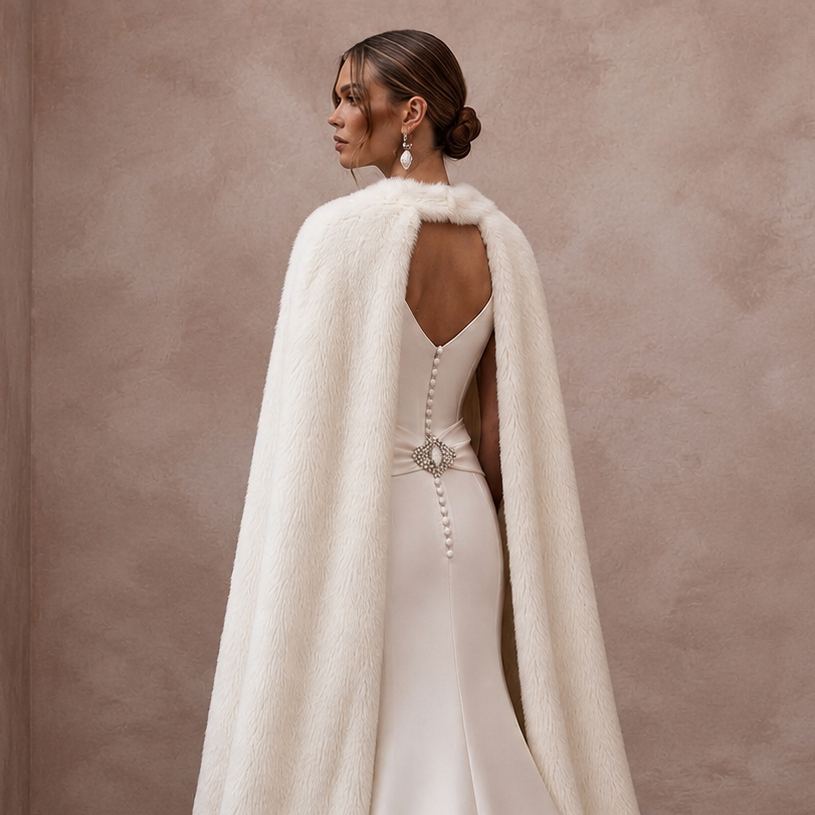 Elegant Off-White Satin & Faux Fur Cape for Holiday Reception