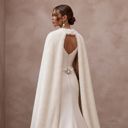 Elegant Off-White Satin & Faux Fur Cape for Holiday Reception