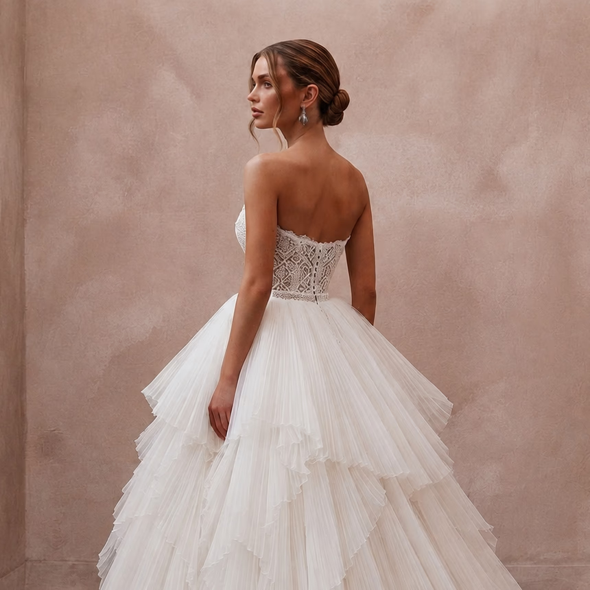 Elegant Organza Ball Gown Wedding Dress with Detachable Train - Apparel & Accessories > Clothing > Wedding & Bridal Party Dresses > Wedding Dresses - Mignonette Bridal
