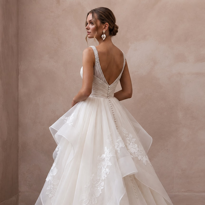 Elegant Organza Bridal Dress for a Black-Tie Reception