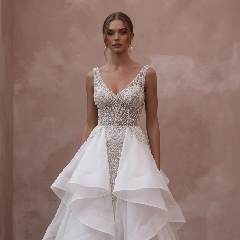 Elegant Organza Bridal Gowns with Layered Skirts - Apparel & Accessories > Clothing > Wedding & Bridal Party Dresses > Wedding Dresses - Mignonette