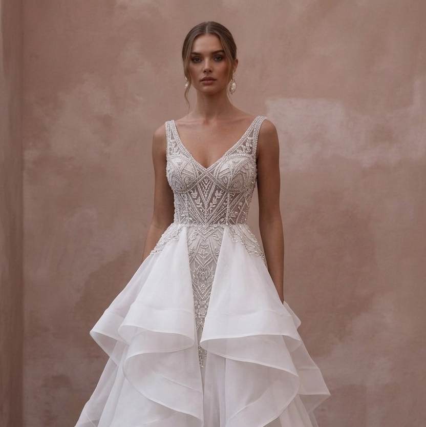 Elegant Organza Bridal Gowns with Layered Skirts