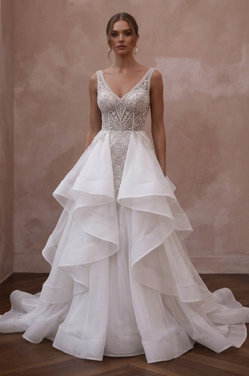 Elegant Organza Bridal Gowns with Layered Skirts Main image