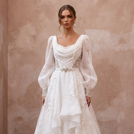 Elegant Organza Bridal Gown with Long Sleeves