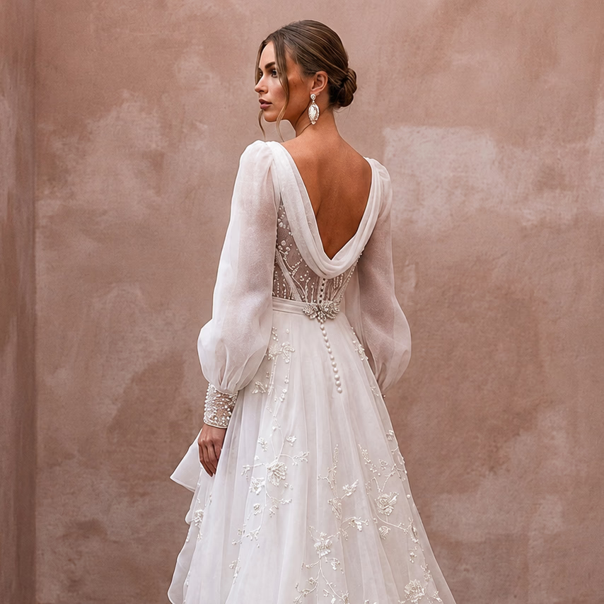 Elegant Organza Bridal Gown with Long Sleeves