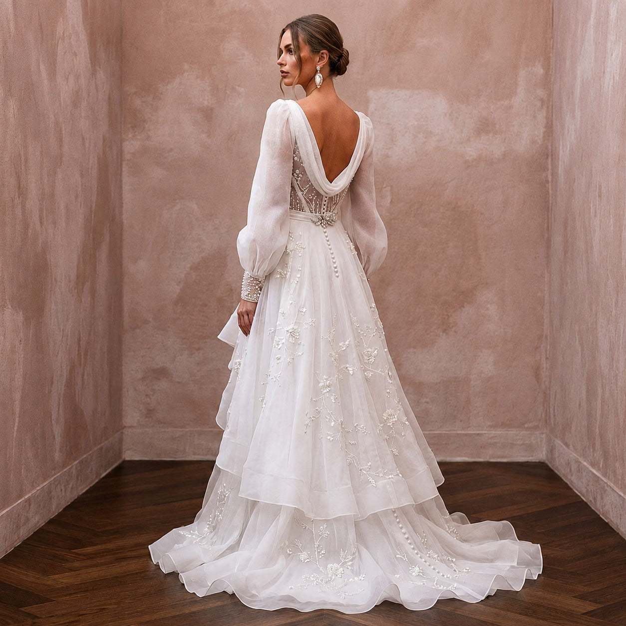 Elegant Organza Bridal Gown with Long Sleeves