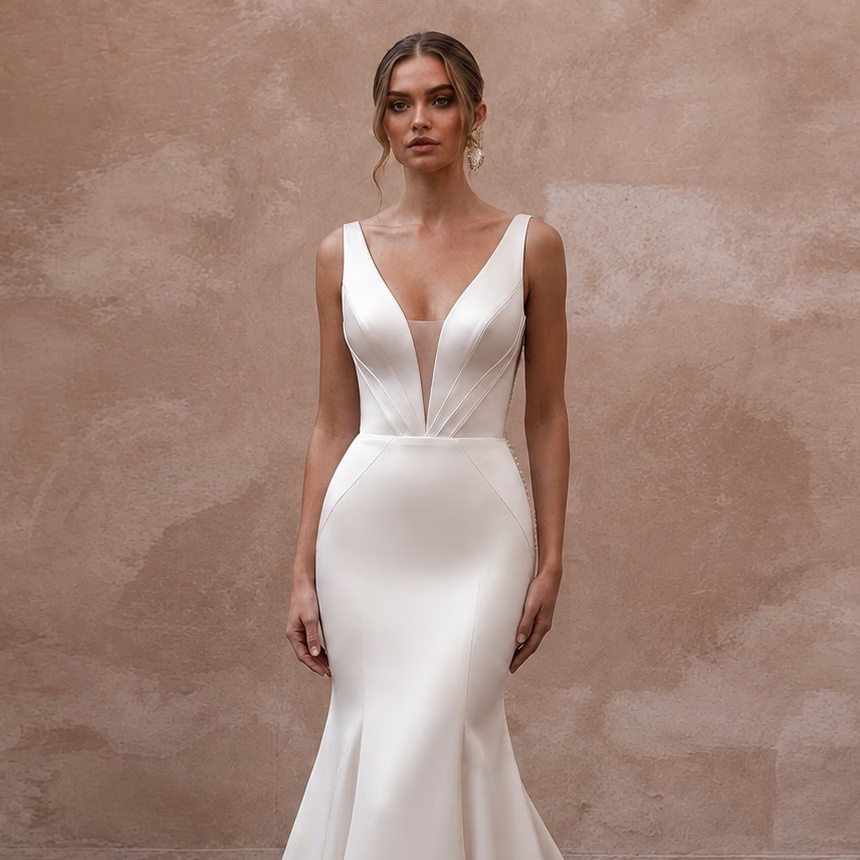 Elegant Satin Mermaid Wedding Dress with V - Neck - Apparel & Accessories > Clothing > Wedding & Bridal Party Dresses > Wedding Dresses - Mignonette Bridal