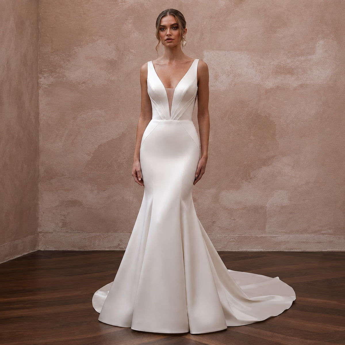 Elegant Satin Mermaid Wedding Dress with V - Neck - Apparel & Accessories > Clothing > Wedding & Bridal Party Dresses > Wedding Dresses - Mignonette Bridal Main image