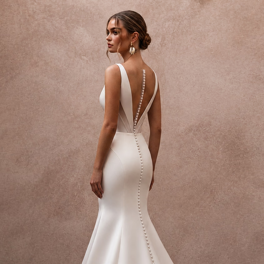 Elegant Satin Mermaid Wedding Dress with V - Neck - Apparel & Accessories > Clothing > Wedding & Bridal Party Dresses > Wedding Dresses - Mignonette Bridal