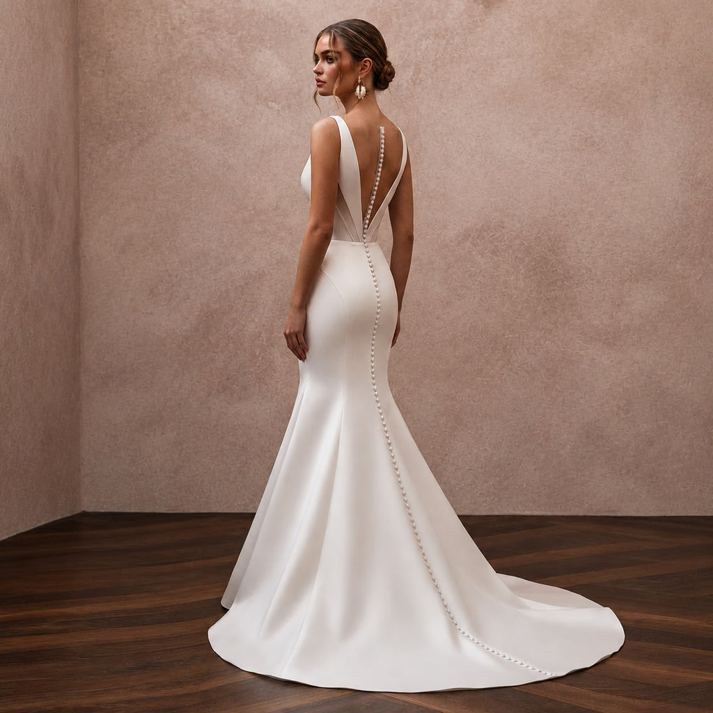 Elegant Satin Mermaid Wedding Dress with V - Neck - Apparel & Accessories > Clothing > Wedding & Bridal Party Dresses > Wedding Dresses - Mignonette Bridal