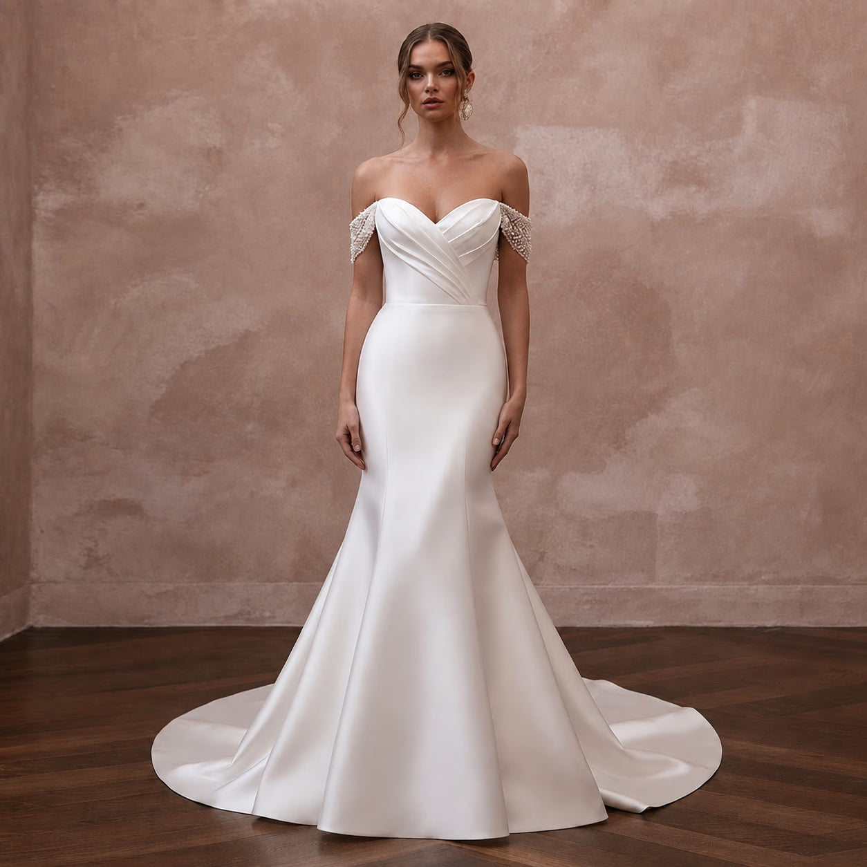 White satin off-the-shoulder trumpet wedding dress with beaded lace sleeves