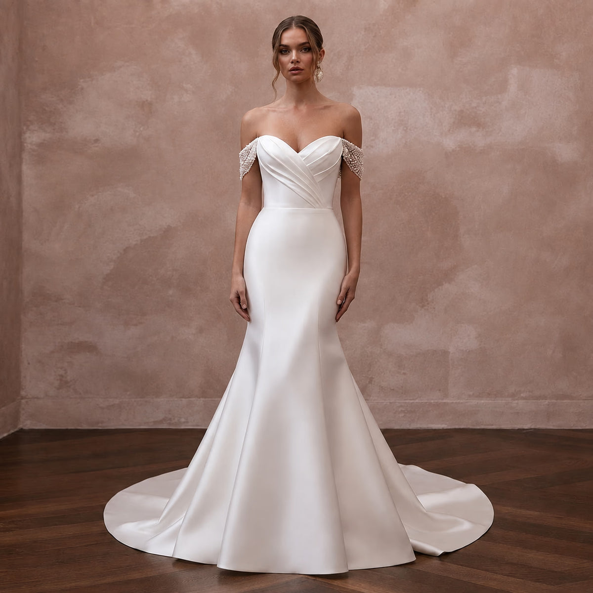 White satin off-the-shoulder trumpet wedding dress with beaded lace sleeves Main image