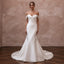 White satin off-the-shoulder trumpet wedding dress with beaded lace sleeves
