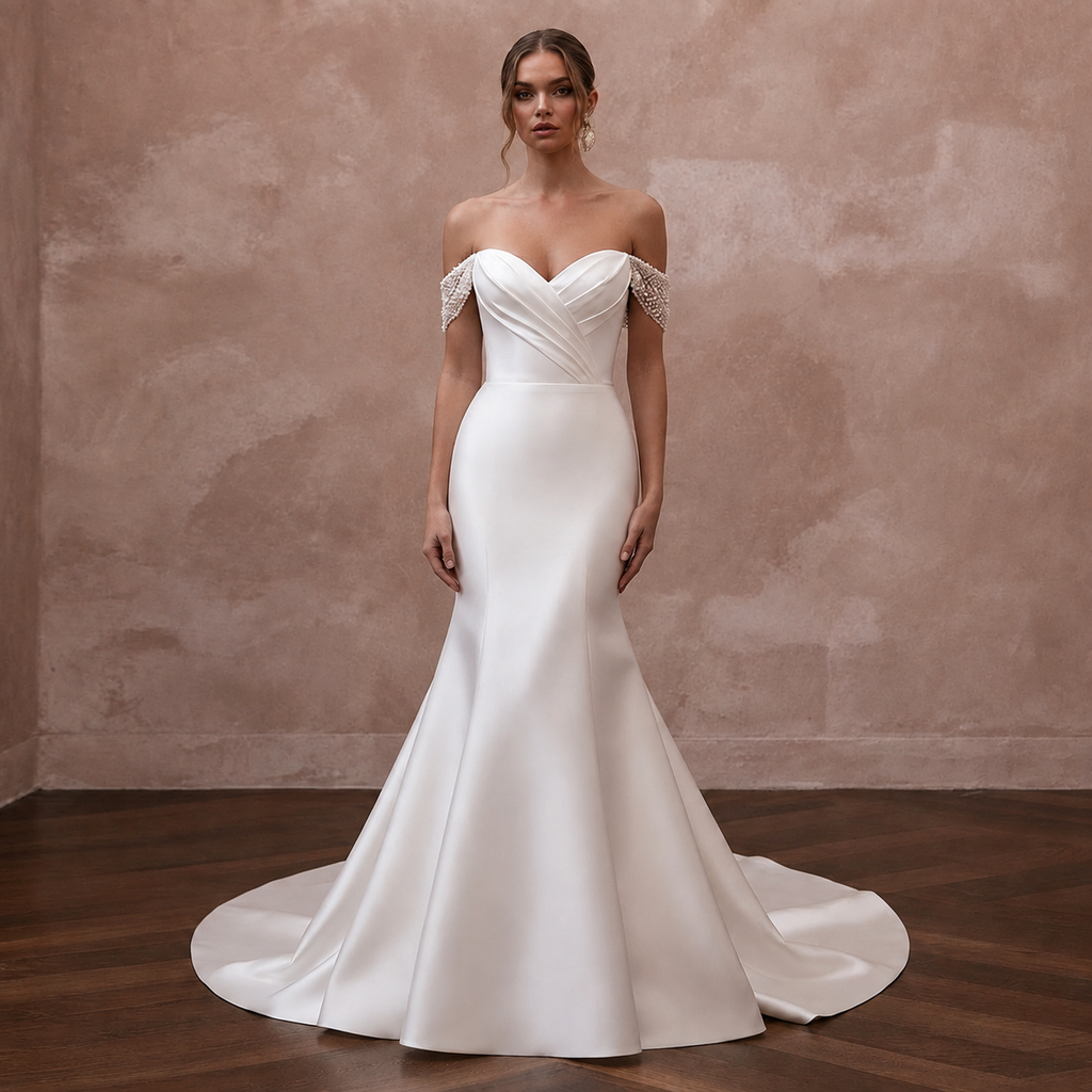 White satin off-the-shoulder trumpet wedding dress with beaded lace sleeves